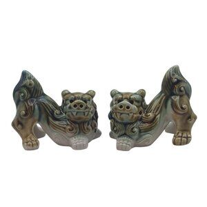 Vintage Chinese Foo Dog Figurines Guardian Lion Glazed Ceramic Set Of 2